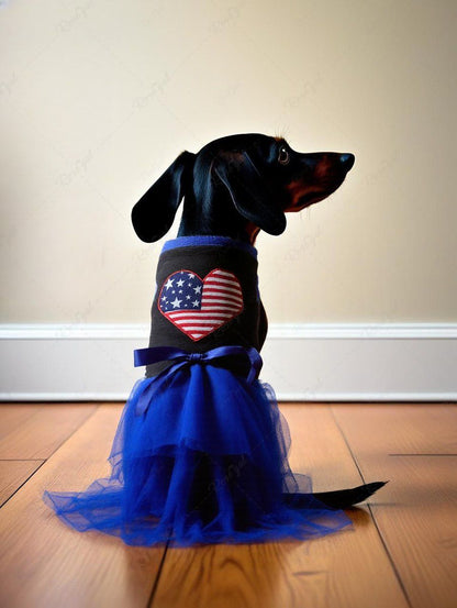 Pet's Patriotic American Flag Printed Heart Sheer Mesh Bowknot Dress