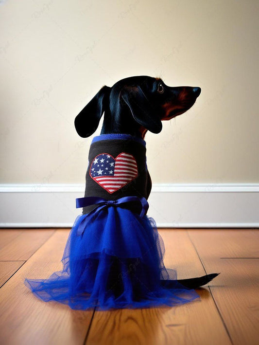 Pet's Patriotic American Flag Printed Heart Sheer Mesh Bowknot Dress