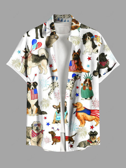 Plus Size Colorful Dog Patriotic American Flag Fireworks Printed Button Pocket Shirt For Men
