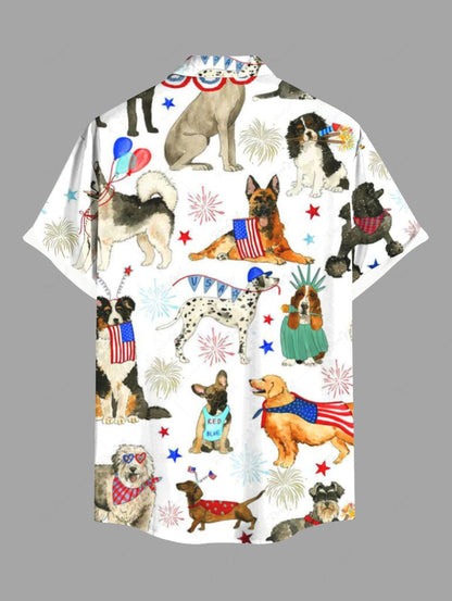 Plus Size Colorful Dog Patriotic American Flag Fireworks Printed Button Pocket Shirt For Men