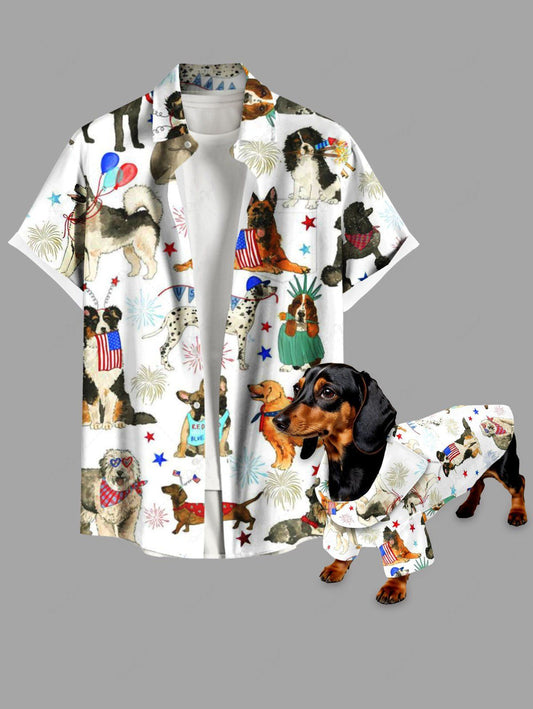 Colorful Puppy Patriotic American Flag Fireworks Print Shirt Dog And Owner Matching Outfits