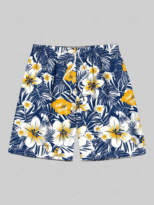 Plus Size Tropical Leaves Hibiscus Floral Printed Hawaii Drawstring Beach Shorts For Men