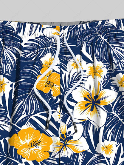 Plus Size Tropical Leaves Hibiscus Floral Printed Hawaii Drawstring Beach Shorts For Men