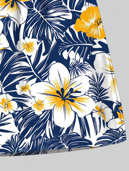 Plus Size Tropical Leaves Hibiscus Floral Printed Hawaii Drawstring Beach Shorts For Men
