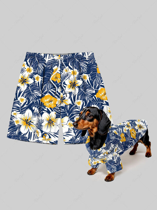 Tropical Leaves Hibiscus Floral Print Hawaii Shorts Shirt Dog And Owner Matching Outfits