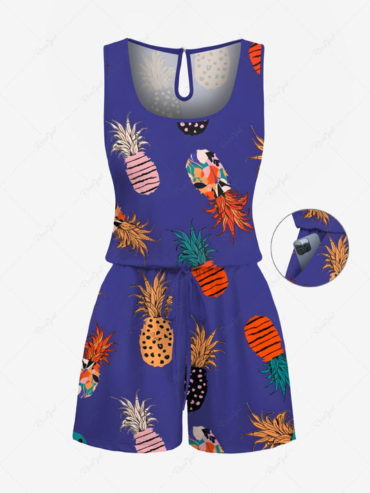 Plus Size Colorful Pineapple Printed Hawaii Drawstring Pocket Romper