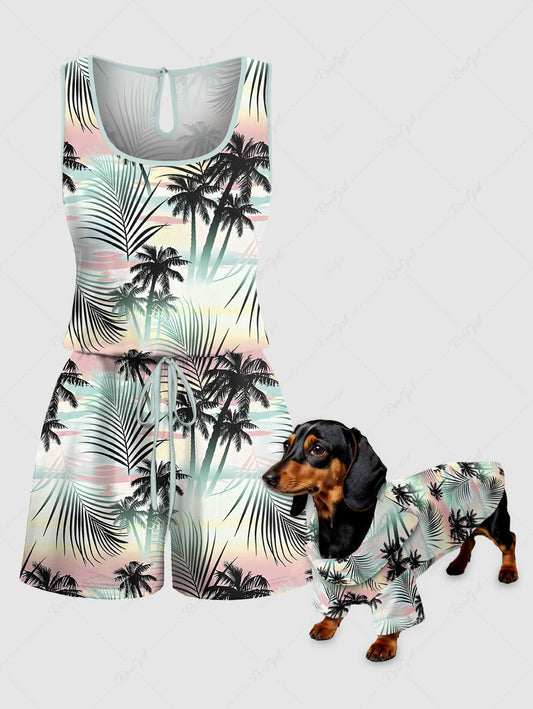 Tropical Leaf Coconut Tree Print Hawaii Shirt and Romper Dog and Owner Matching Outfits