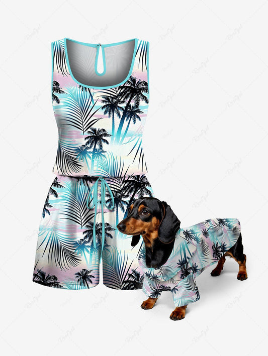 Tropical Leaf Coconut Tree Print Hawaii Shirt and Romper Dog and Owner Matching Outfits