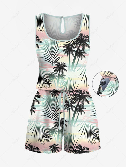 Plus Size Tropical Leaf Coconut Tree Printed Cinched Hawaii Romper
