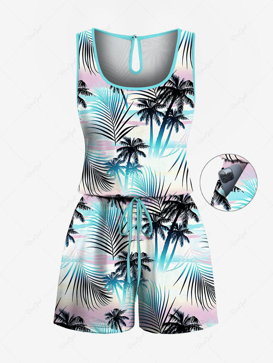 Plus Size Tropical Leaf Coconut Tree Print Cinched Hawaii Romper