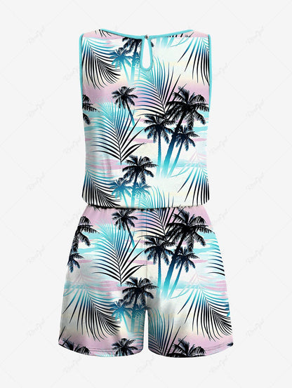 Plus Size Tropical Leaf Coconut Tree Print Cinched Hawaii Romper