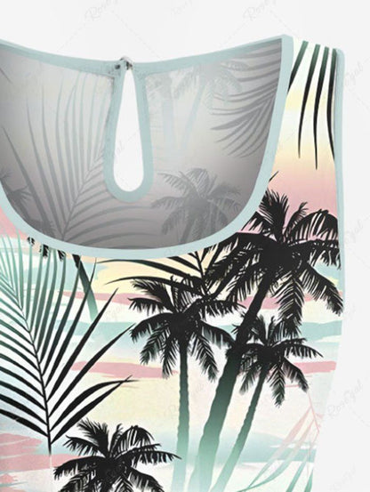 Plus Size Tropical Leaf Coconut Tree Printed Cinched Hawaii Romper