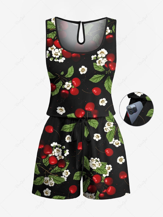 Plus Size Floral Leaves Cherry Printed Hawaii Drawstring Pocket Romper