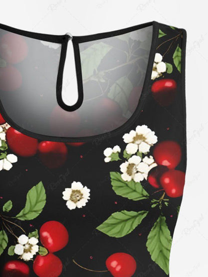 Plus Size Floral Leaves Cherry Printed Hawaii Drawstring Pocket Romper