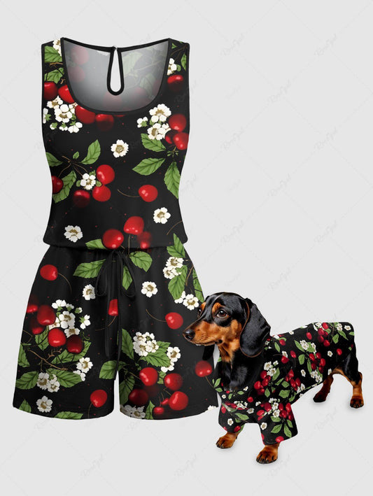 Floral Leaves Cherry Printed Hawaii Romper Shirt Dog And Owner Matching Outfits