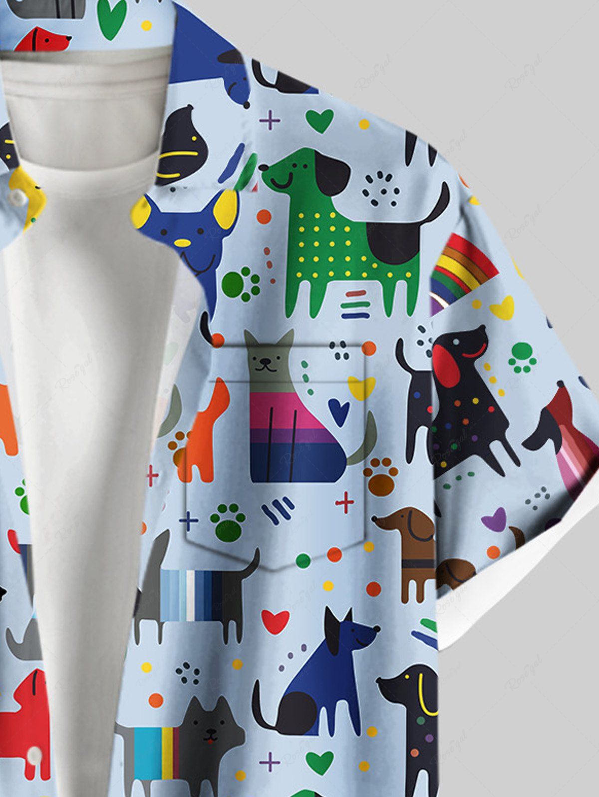 Plus Size Colorful Dogs Rainbow Heart Foot Printed Buttons Pocket Shirt For Men