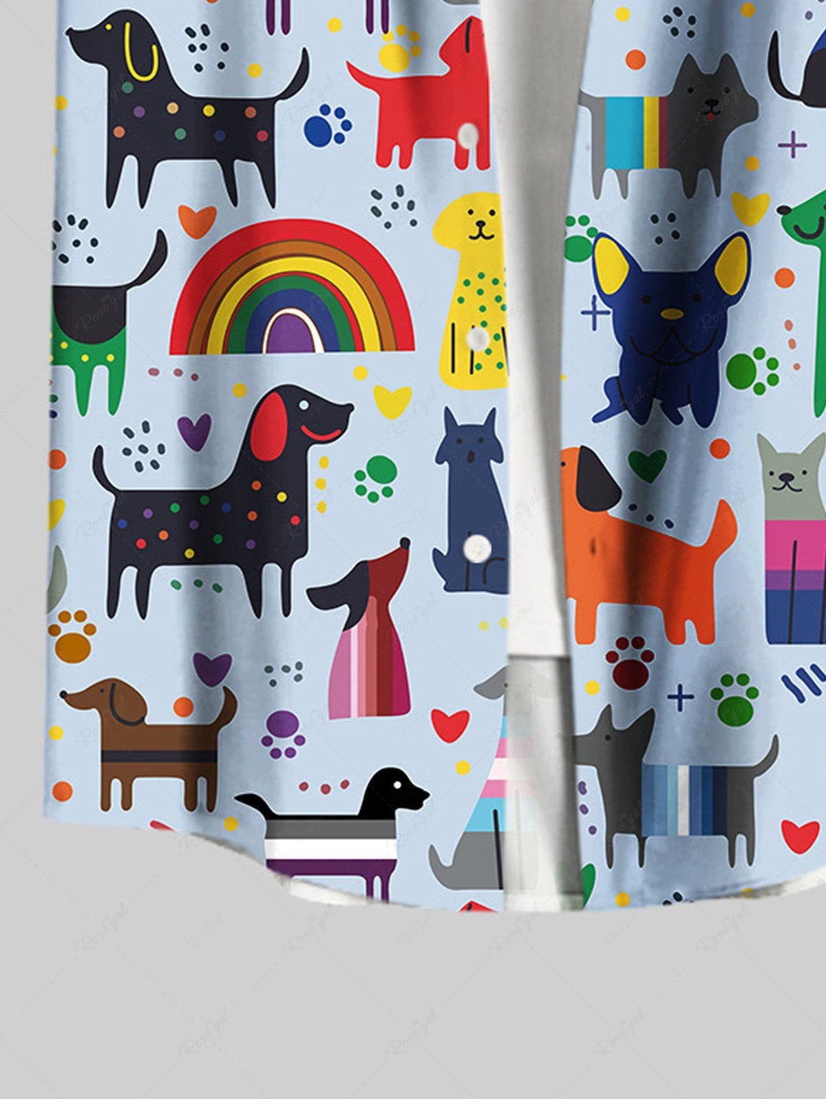 Plus Size Colorful Dogs Rainbow Heart Foot Printed Buttons Pocket Shirt For Men
