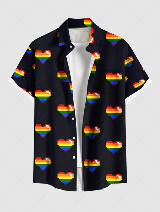 Plus Size Rainbow Heart Printed Buttons Pocket Shirt For Men