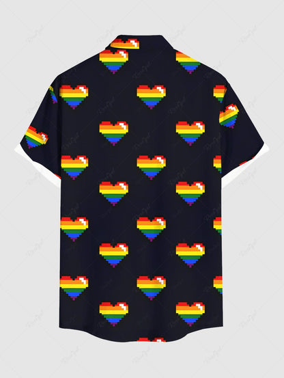 Plus Size Rainbow Heart Printed Buttons Pocket Shirt For Men