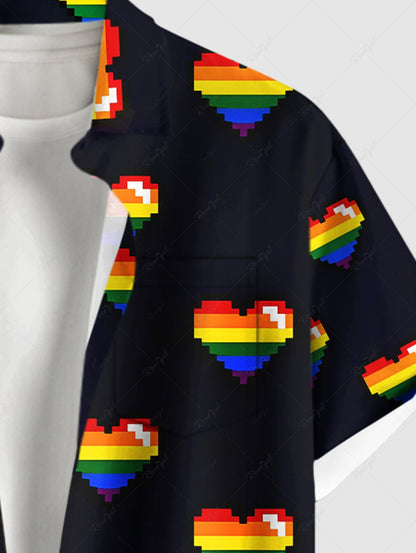 Plus Size Rainbow Heart Printed Buttons Pocket Shirt For Men
