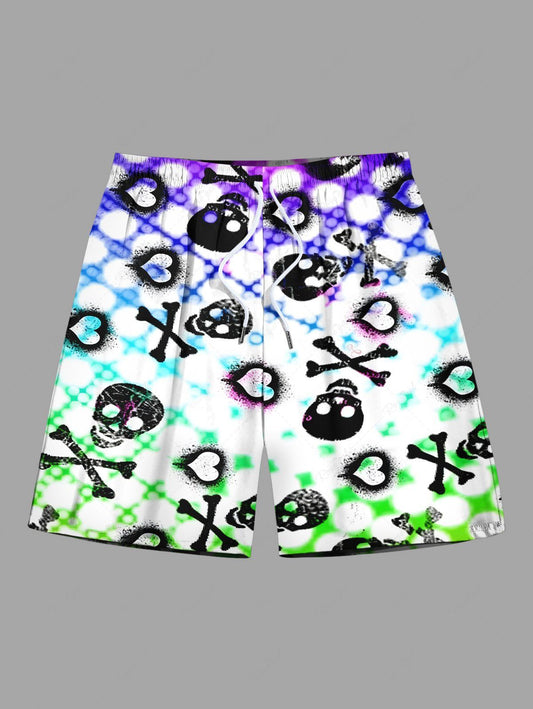 Plus Size Skull Bone Heart Ombre Plaid Print Drawstring Beach Shorts For Men