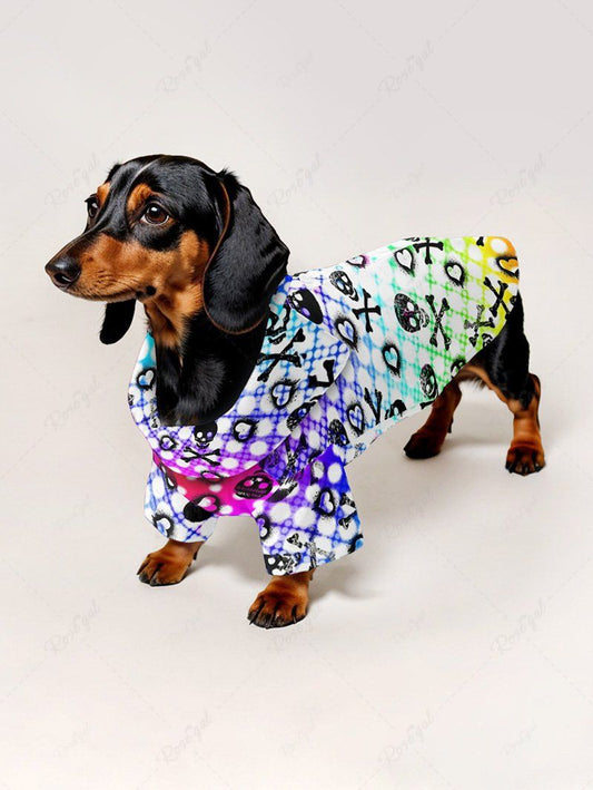 Pet's Skull Bone Heart Ombre Plaid Print Hawaii Button Shirt