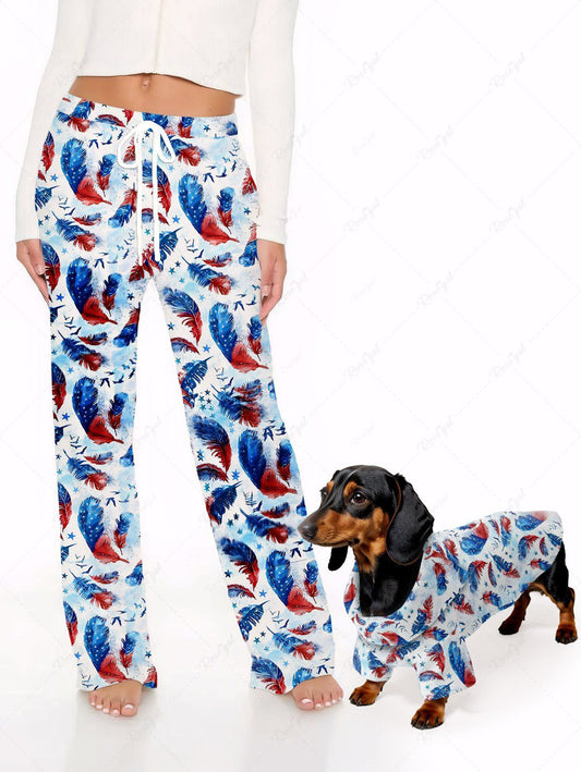Ombre Patriotic American Flag Feather Print Shirt Pants Dog And Owner Matching Outfits