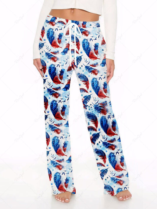 Plus Size Ombre Patriotic American Flag Feather Printed Drawstring Wide Leg Pants