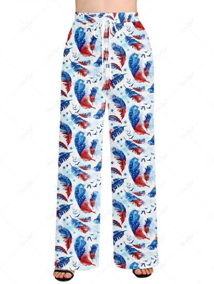 Plus Size Ombre Patriotic American Flag Feather Printed Drawstring Wide Leg Pants