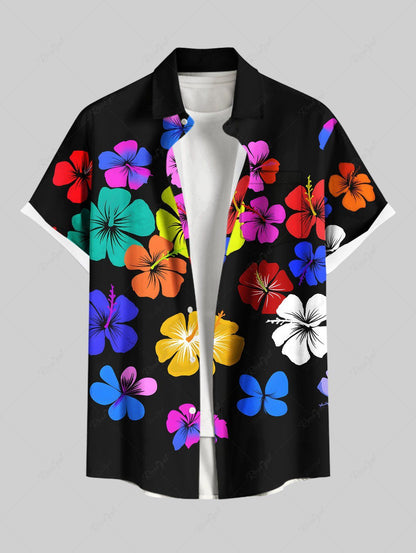 Plus Size Colorful Hibiscus Floral Print Hawaii Button Pocket Shirt For Men