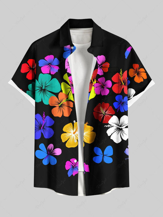 Plus Size Colorful Hibiscus Floral Print Hawaii Button Pocket Shirt For Men