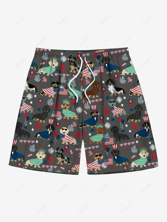 Plus Size Patriotic American Flag Dogs Star Print Beach Shorts For Men
