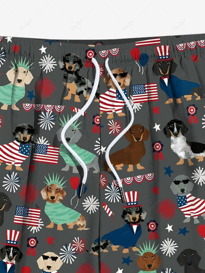 Plus Size Patriotic American Flag Dogs Star Print Beach Shorts For Men