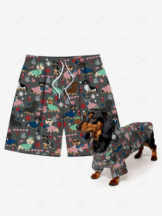 Patriotic American Flag Dogs Star Snowflake Print Shirt and Beach Shorts Dog and Owner Matching Outfits