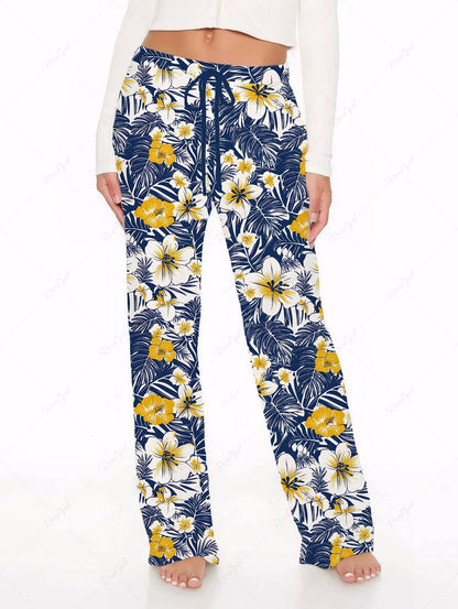 Plus Size Tropical Leaves Hibiscus Floral Print Hawaii Drawstring Wide Leg Pants
