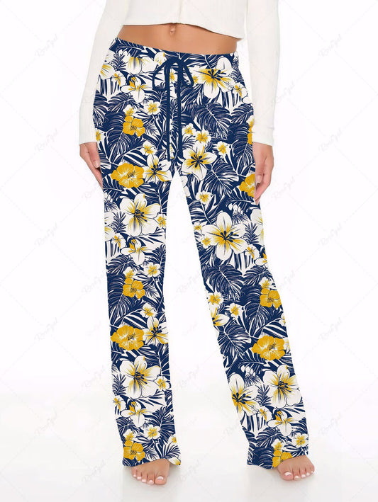 Plus Size Tropical Leaves Hibiscus Floral Print Hawaii Drawstring Wide Leg Pants