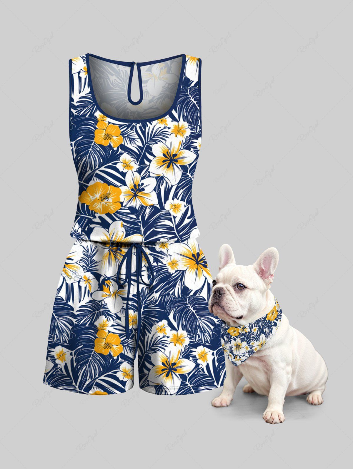 Tropical Leaves Floral Print Hawaii Romper Bandana Dog And Owner Matching Outfits