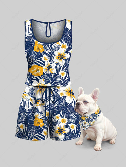 Tropical Leaves Floral Print Hawaii Romper Bandana Dog And Owner Matching Outfits