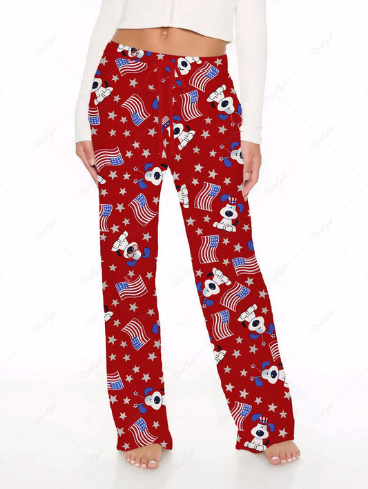 Plus Size Patriotic American Flag Dogs Star Print Drawstring Wide Leg Pants