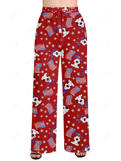 Plus Size Patriotic American Flag Dogs Star Print Drawstring Wide Leg Pants