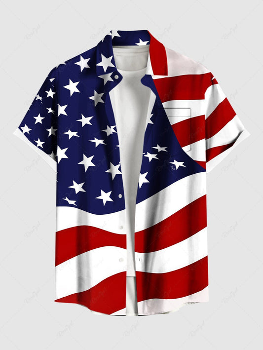 Plus Size Patriotic American Flag Print Buttons Pocket Shirt For Men