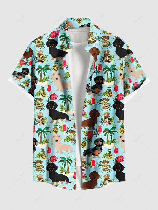 Plus Size Dogs Coconut Tree Hibiscus Flowers Pineapple Print Buttons Pocket Hawaii Shirt For Men