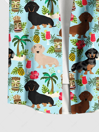 Plus Size Dogs Coconut Tree Hibiscus Flowers Pineapple Print Buttons Pocket Hawaii Shirt For Men