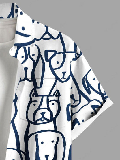 Plus Size Dog Hand-painted Print Button Pocket Shirt For Men