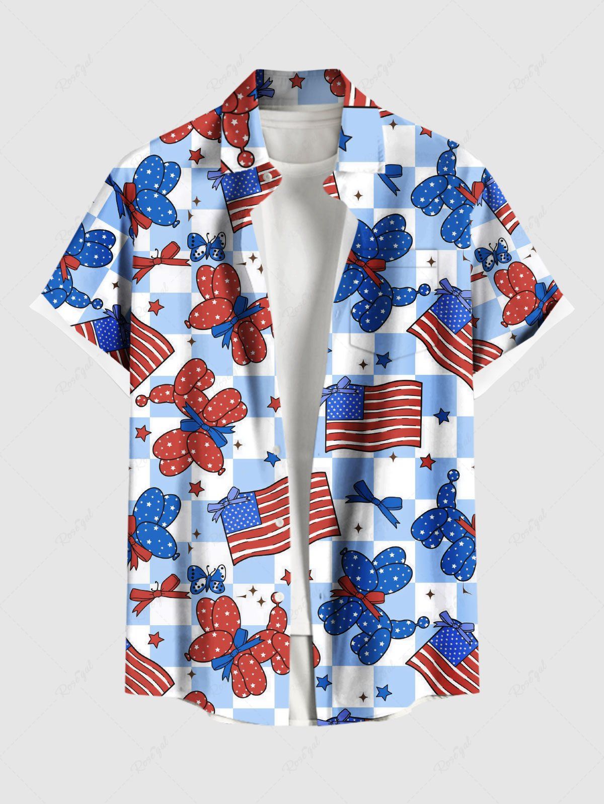 Plus Size Patriotic American Flag Dog Balloon Geometric Plaid Butterfly Print Button Pocket Shirt For Men