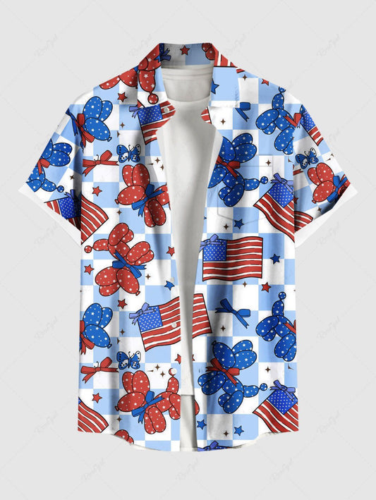 Plus Size Patriotic American Flag Dog Balloon Geometric Plaid Butterfly Print Button Pocket Shirt For Men