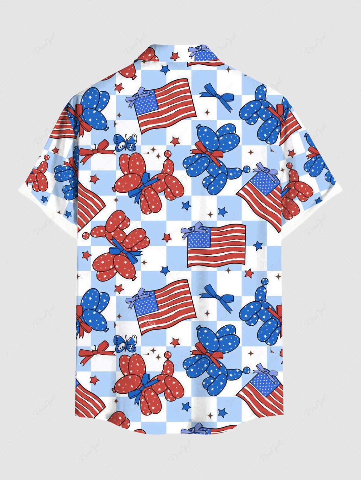 Plus Size Patriotic American Flag Dog Balloon Geometric Plaid Butterfly Print Button Pocket Shirt For Men