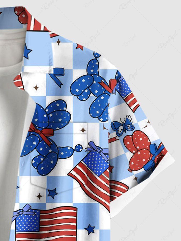 Plus Size Patriotic American Flag Dog Balloon Geometric Plaid Butterfly Print Button Pocket Shirt For Men