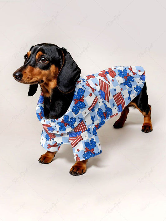 Pet's Patriotic American Flag Dog Balloon Geometric Plaid Butterfly Print Button Shirt