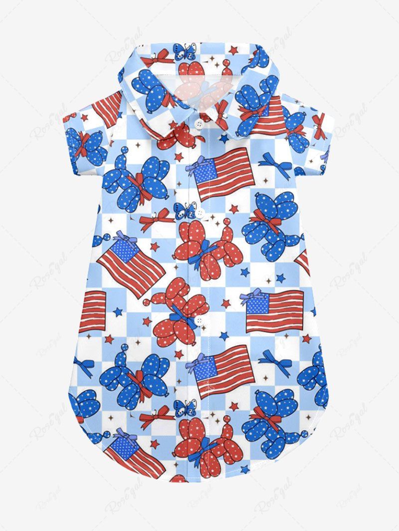 Patriotic American Flag Puppy Balloon Geometric Plaid Butterfly Printed Shirt Dog And Owner Matching Outfits